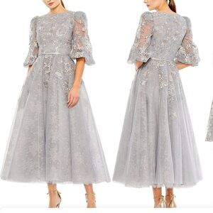 Mac Duggal Silver Puff Half Sleeve Dress, size 8.